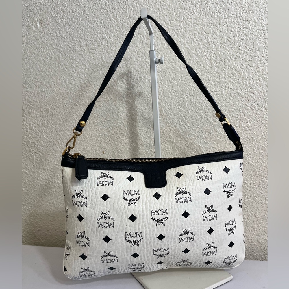 MCM White Shoulder Bag with Black Trim and Logo Print